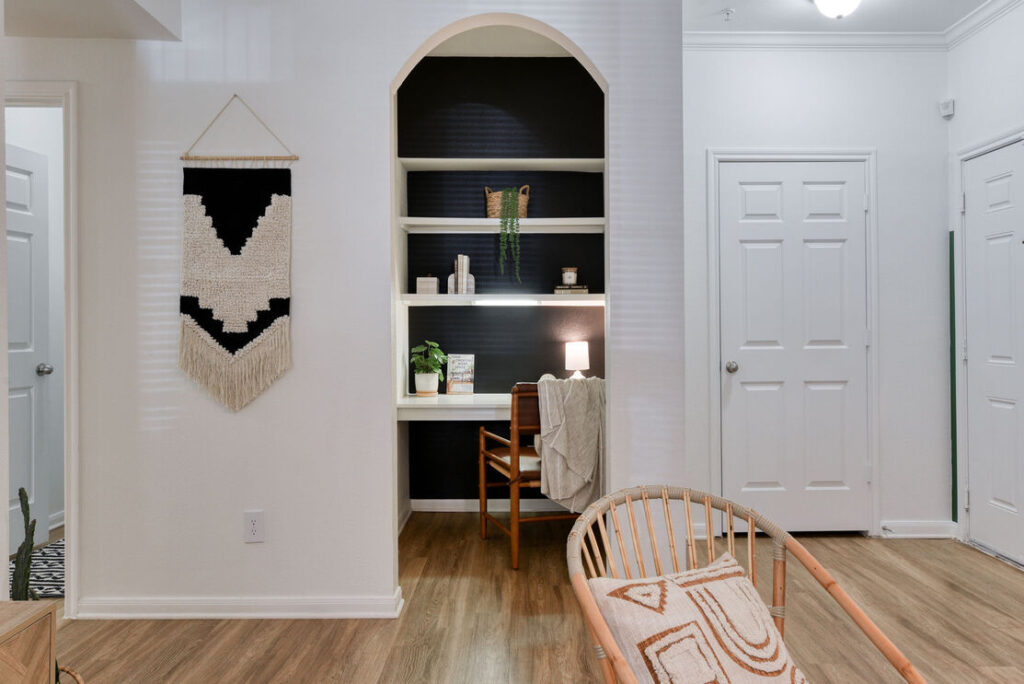 built in desk and shelves by the front door